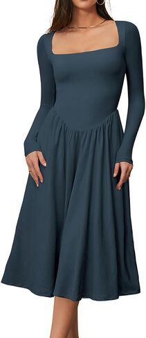 CHYRII Women Spring Fashion 2025 Square Neck Long Sleeve Casual A-Line Midi Dress in Kuwait