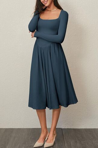 CHYRII Women Spring Fashion 2025 Square Neck Long Sleeve Casual A-Line Midi Dress in Kuwait