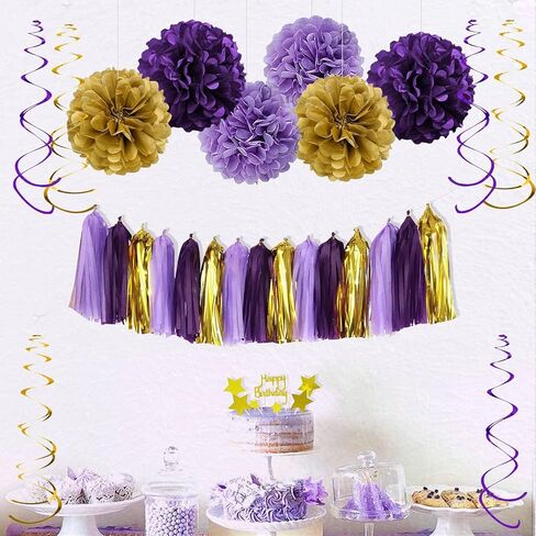 Birthday Decorations for Women Girls, Purple and Gold Party Decorations. Purple Happy Birthday Banner, Balloons, Tissue Pompoms, Swirls, Tassels Garland in Saudi Arabia
