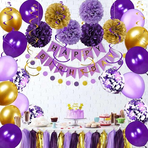 Birthday Decorations for Women Girls, Purple and Gold Party Decorations. Purple Happy Birthday Banner, Balloons, Tissue Pompoms, Swirls, Tassels Garland in Saudi Arabia