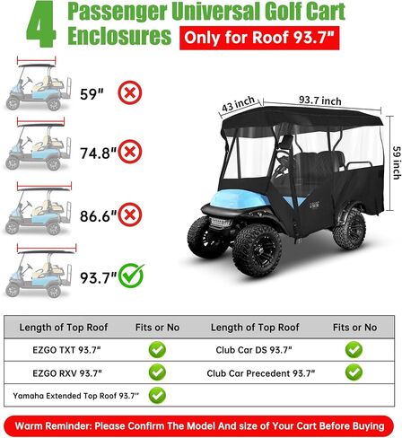 10L0L Universal 4 Passenger Golf Cart Enclosure - Extended Roof 94" Fit for Yamaha, EZGO TXT RXV, Club Car DS Precedent, Golf Cart Rain Cover, 600D Waterproof Driving Enclosure with Side Mirror Open in Saudi Arabia