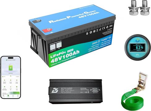 48 Volt 100Ah Lithium Golf Cart Battery, 48V LiFePO4 Battery with 10A Charger, Gauge, 200A BMS, 4000+ Cycles, 4.8 kWh Energy, Perfect for Golf Cart, RV, Marine, Lawn Mower in Saudi Arabia
