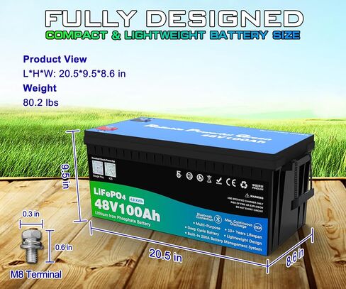 48 Volt 100Ah Lithium Golf Cart Battery, 48V LiFePO4 Battery with 10A Charger, Gauge, 200A BMS, 4000+ Cycles, 4.8 kWh Energy, Perfect for Golf Cart, RV, Marine, Lawn Mower in Saudi Arabia