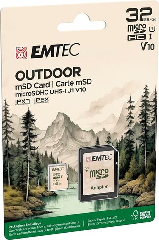 بطاقة SD خارجية سعة 32 جيجابايت من EMTEC - بطاقة SD لكاميرا UHS-I U1 V10 فئة 10 - حماية IPX6 وIPX7 - مثالية لمقاطع الفيديو عالية الدقة - عبوتان in Kuwait