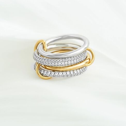 Gold Chunky Stackable Rings for Women, 14k Gold Plated Statement Cubic Zirconia Rings, Silver Gold Multi Ring Interlocking Mixed Metals Stack Rings Set Non Tarnish (Modernist set, 9) in Kuwait