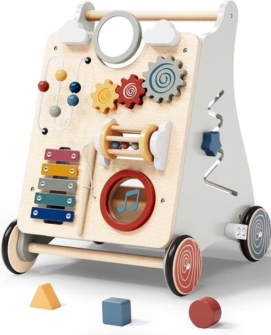 Wooden Push Walker for Babies with Wheels 12 Months+ Wooden Baby Walker Activity Walker for Babies Montessori Multiple Learning Activities Center Walking Toy Adjustable Speed Birthday Gift in Kuwait