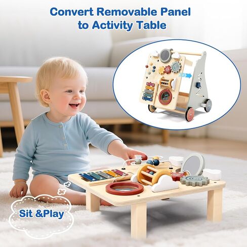 Wooden Push Walker for Babies with Wheels 12 Months+ Wooden Baby Walker Activity Walker for Babies Montessori Multiple Learning Activities Center Walking Toy Adjustable Speed Birthday Gift in Kuwait