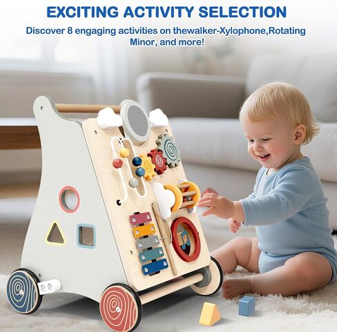 Wooden Push Walker for Babies with Wheels 12 Months+ Wooden Baby Walker Activity Walker for Babies Montessori Multiple Learning Activities Center Walking Toy Adjustable Speed Birthday Gift in Kuwait