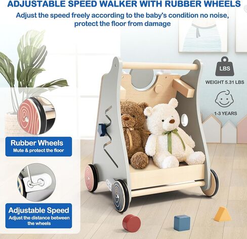 Wooden Push Walker for Babies with Wheels 12 Months+ Wooden Baby Walker Activity Walker for Babies Montessori Multiple Learning Activities Center Walking Toy Adjustable Speed Birthday Gift in Kuwait