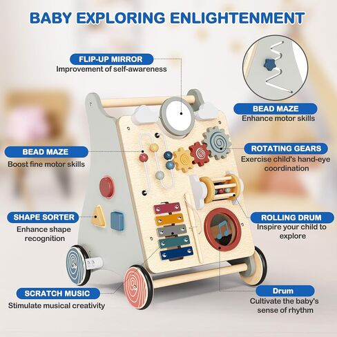 Wooden Push Walker for Babies with Wheels 12 Months+ Wooden Baby Walker Activity Walker for Babies Montessori Multiple Learning Activities Center Walking Toy Adjustable Speed Birthday Gift in Kuwait