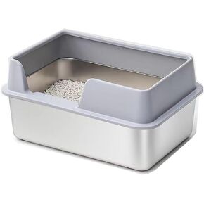 Stainless Steel Cat Litter Box 20"x 14"x 10" with Enclosure Lid, Easy Clean, Never Absorbs Odor, Semi-Closed Cat Litter Box with Scoop (Santas Gray, 20" x 14" x 10")
