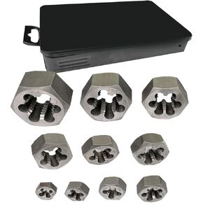 10 Piece UNC Pipe Die Set 1/4", 5/16", 3/8", 7/16", 1/2", 9/16", 5/8", 3/4", 7/8" and 1", Rethreading, Carbon Steel ，Black Box with Handle