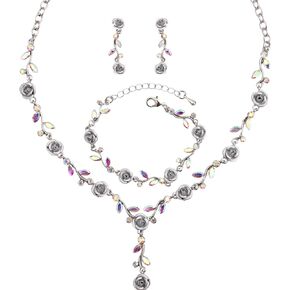 Enrwin 3Pcs Elegant Wedding Bridal Leaf Flower Crystal Necklace Dangle Earring Bracelet Costume Prom Jewelry Set for Women