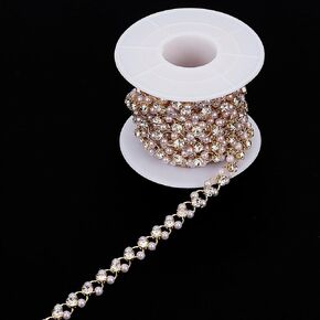 GOMAKERER 6.56 Feet/2M Pearl Beaded Rhinestone Trim, Golden Cubic Zirconia Pearl Beaded Banding Trim for Sewing Crafts Wedding Bouquet Party Clothing DIY Decoration