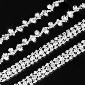 Rionaty 2Pcs Rhinestone Trim（S Style + 3-Row Style）Rhinestone Chain Applique Silver Rhinestone Strips String for Jewelry, Wedding, Crafts, Gowns,Shoes DIY Rhinestone Sewing Decor（Total 6 Yards）
