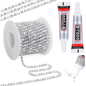 Crystal Rhinestone Close Chain Trim with B7000 Jewelry Glue, 11 Yards 4MM Silver with Clear Beads B-7000 Glue Rhinestones Chain for Crafts Sewing DIY Jewelry Wedding Decoration Sewing Beaded Trim