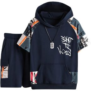 RoseSeek Boy's 2 Piece Outfits Letter Graphic Colorblock Short Sleeve Hooded T Shirt and Shorts Set