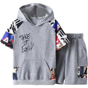 RoseSeek Boy's 2 Piece Outfits Letter Graphic Colorblock Short Sleeve Hooded T Shirt and Shorts Set
