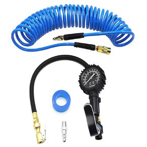 YOTOO Recoil Air Hose Kit with Tire Inflator Gauge, 1/4" Industrial Quick Coupler and Plug for tire infaltion and air Tools