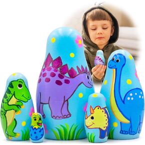 AEVVV Dinosaur Nesting Dolls Set 5 pcs - Dinosaur Russian Dolls - Wooden Dinosaur Figurines