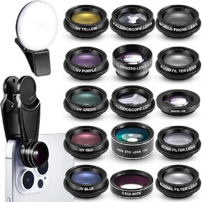 Copkim 16 Pcs Phone Camera Lens Kit 16 in 1 with Selfie Light Universal Clip on Cell Phone 198 Degree Fisheye Wide Angle Macro Kaleidoscope CPL Lens Attachments Compatible with iPhone Most Phones