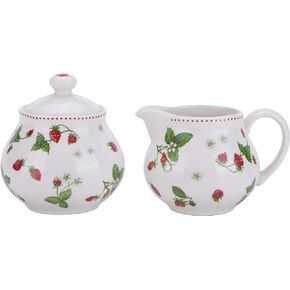 Lonovel Creamer and Sugar Sets with Lids Vintage Floral Ceramic Cream & Sugar Set In Beige for Coffee or Tea Porcelain Milk Pitcher and Sugar Bowl,Kitchen and Dining Beverage Serveware Tool,Strawberry