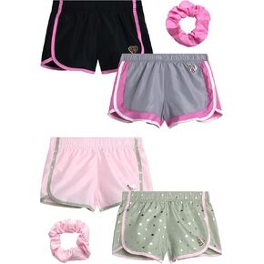 شورتات Body Glove للفتيات - 4 قطع من شورتات Dolphin Gym ذات الأداء الرياضي الجاف، Scrunchie (7-12)