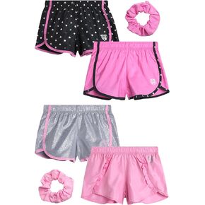 Body Glove Girls' Shorts - 4 Pack Athletic Performance Dry Fit Dolphin Gym Shorts, Scrunchie (7-12)