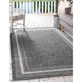 Unique Loom Outdoor Border Collection Area Rug - Soft Border (9' x 12' Rectangle, Black/ Ivory)