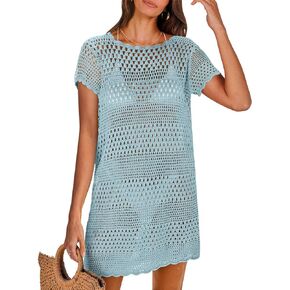 ANRABESS Women Swimsuit Crochet Swim Cover Up Summer Bathing Suit Swimwear Knit Short Sleeve Pullover 2024 Beach Dress