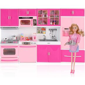 Doll Kitchen Playset for Kids, My Modern Mini Kitchen House Furniture Pretend Play Toy Accessories Set with Realistic Lights & Sounds for Toddlers, Girls (3-in-1)