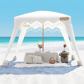 كابانا الشاطئ OutdoorMaster مع هامش، مظلة شاطئ محمولة مقاس 6 × 6 بوصات، مأوى للشاطئ سهل الإعداد، جدار جانبي متضمن، مظلة شمسية للحماية من الأشعة فوق البنفسجية بعامل حماية من الأشعة فوق البنفسجية 50+ - للأطفال والعائلة والأصدقاء - أبيض رومانسي