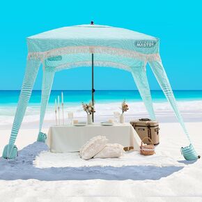 OutdoorMaster Beach Cabana with Fringe, Portable 6' x 6' Beach Canopy, Easy Set Up Beach Shelter, Included Side Wall, UPF 50+ UV Protection Sun Umbrella - for Kids, Family & Friends -Romantic White