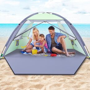 Happy Travel Beach Tent, UPF 50+ UV Protection Sun Shade Shelter for 3/4/5/6/7/8 Person, Portable Beach Canopy for Family & Baby, Lightweight & Easy Setup Beach Cabana with 3 Ventilation Mesh Windows
