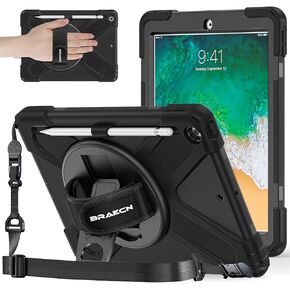 حافظة BRAECNstock Apple iPad 6th/5th Generation 2018/2017 9.7 بوصة، حافظة iPad Air 2 مقاومة للصدمات 2014/Pro 9.7 بوصة 2016 للأطفال، مع حزام يد دوار + حامل، حامل قلم رصاص، وردي ساكورا