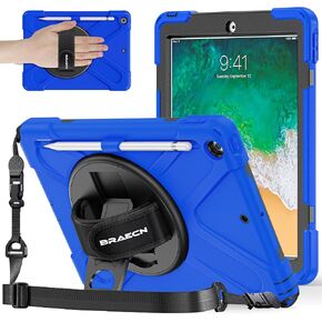 BRAECNstock for Apple iPad 6th/ 5th Generation Case 9.7 Inch 2018/2017 Shockproof Protective iPad Air 2/ Pro 9.7 Case for Kids with Pencil Holder 360° Rotating Stand/Hand Strap Shoulder Strap - Black in Kuwait