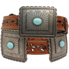 M&F Western Ariat Women's Turquoise Concho Belt, Tan, Pierced Strap with Large Rectangle Conchos