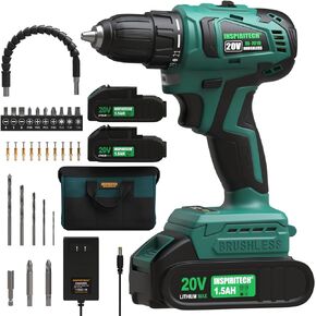 INSPIRITECH 20V Cordless Drill, Brushless Power Drill Set with 2 Batteries and Charger,3/8-Inch Chuck Electric Drill Driver,22 Torque Setting,Drill/Driver Bits and Tool Bag Included