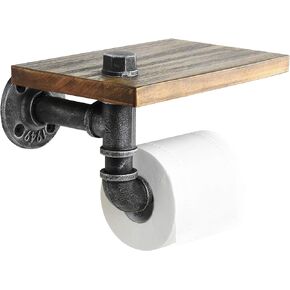 Rustic Toilet Paper Holder Pipe with Shelf Industrial Toilet Roll Holder Wall Mount Farmhouse Wooden Toilet Tissue Paper Holder for Bathroom(Bronze)