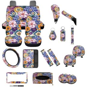 POLERO Boho Bright Blossom Car Seat Cover for Women Full Set of 19 Steering Wheel Cover Armrest Pad Seatbelt Shoulder Covers Coasters