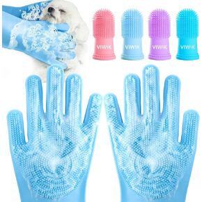 VIWIK Dog Bath Gloves with 4Pack Dog Toothbrush, Dog Grooming Kit, Dog Finger Toothbrush for Small Breed, Medium Large Dogs, Silicone Dog Washing Gloves with High-Density Teeth, Pet Grooming Gloves