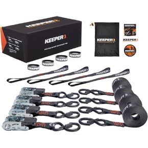 Keeper Ratchet Tie Down Kit (4PK) – 1800lb Max Break Strength, Includes (4) Premium 1" x 15' Rachet Tie Down Straps with Padded Handles, (4) Soft Loop Ties, (4) Hook & Loop Straps with Storage Bag