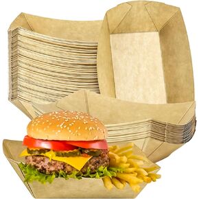 MotBach 50 Pack 2.5lb Kraft Paper Food Trays, Disposable Paper Food Boat Heavy-Duty Food Serving Basket Tray for Snack Hot Dog French Fries Nachos Taco Popcorn BBQ Party Picnic Wedding Party