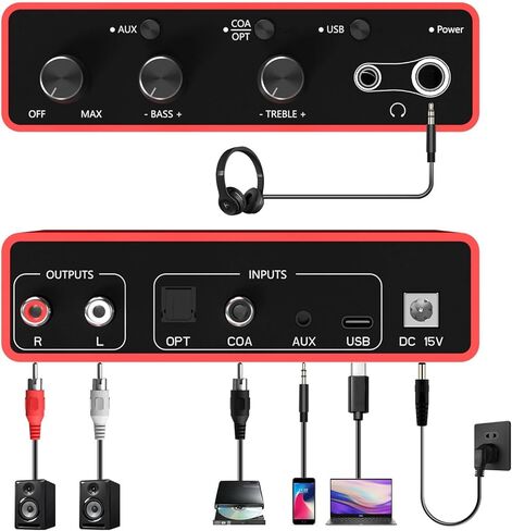 Dacimora Hi-Fi 32-600 Ohm مضخم سماعة الرأس مضخم صوت ستيريو يدعم مدخل USB-C/3.5 مم، مخرج سماعة رأس 3.5 مم/6.35 مم/RCA، 120 ديسيبل SNR، 32 بت 384 كيلو هرتز USB، التحكم في الجهير والتريبل in Kuwait