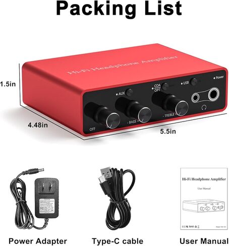 Dacimora Hi-Fi 32-600 Ohm مضخم سماعة الرأس مضخم صوت ستيريو يدعم مدخل USB-C/3.5 مم، مخرج سماعة رأس 3.5 مم/6.35 مم/RCA، 120 ديسيبل SNR، 32 بت 384 كيلو هرتز USB، التحكم في الجهير والتريبل in Kuwait