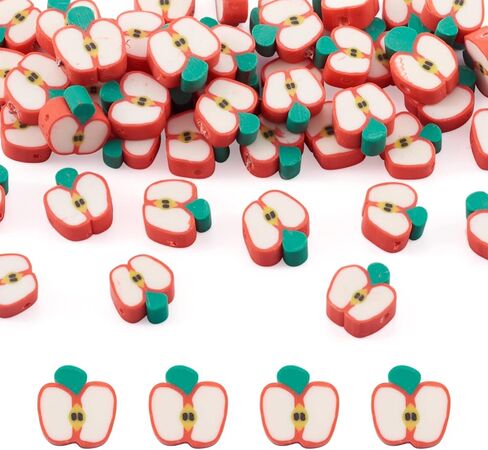 50 قطعة من خرز طين البوليمر المصنوع يدويًا، شكل شريحة التفاح، خرز فضفاض، خرز فاصل لموضوع الفاكهة، لقلادة سوار ذاتي الصنع، وحلقة صنع المجوهرات، ثقب 1.6 مم in Kuwait