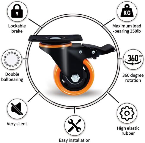 SOCHER 5 Inch Plate Caster Wheels, Heavy Duty 5" Casters Set of 4 with Brake,No Noise Polyurethane Wheels and Safety Dual Locking casters, Swivel Plate Castors (Two Hardware Kits)(5 inch) in Saudi Arabia