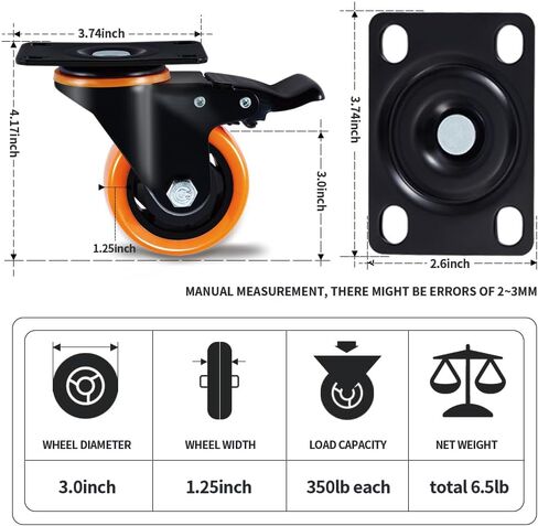 SOCHER 5 Inch Plate Caster Wheels, Heavy Duty 5" Casters Set of 4 with Brake,No Noise Polyurethane Wheels and Safety Dual Locking casters, Swivel Plate Castors (Two Hardware Kits)(5 inch) in Saudi Arabia