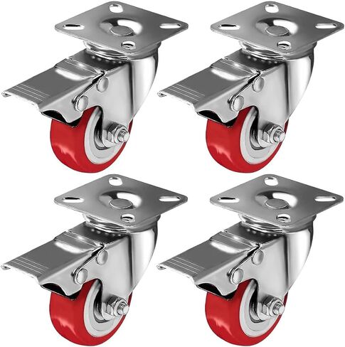 Online Best Service 4 Pack Caster Wheels Swivel Plate On Red Polyurethane Wheels (2 inch with Brake) in Kuwait