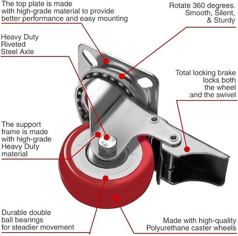 Online Best Service 4 Pack Caster Wheels Swivel Plate On Red Polyurethane Wheels (2 inch with Brake) in Kuwait